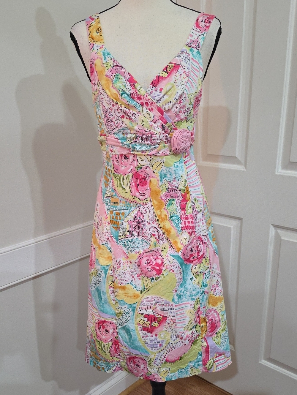 Vintage Sag Harbor Floral City Scenic Print Dress V-Neck Empire Waist- Size - 12